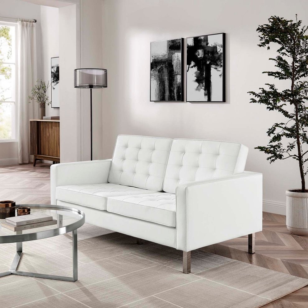 Modern Designer Lounge Loveseat Sofa, Faux Vinyl Leather, Grey Gray Silver, White