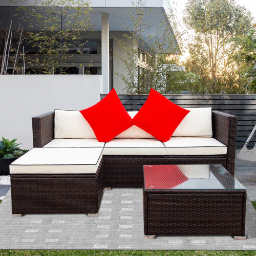 3 Piece Pation Wicket Set Outdoor Furniture Rattan Sofa Set With Cream Finish