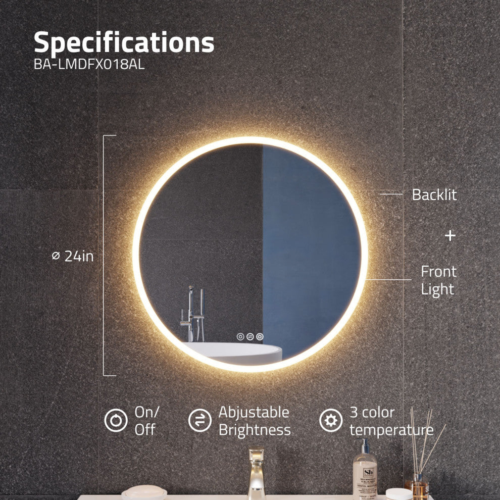 ANZZI 24" Diam. LED Front/Back Lighting Bathroom Mirror With Defogger