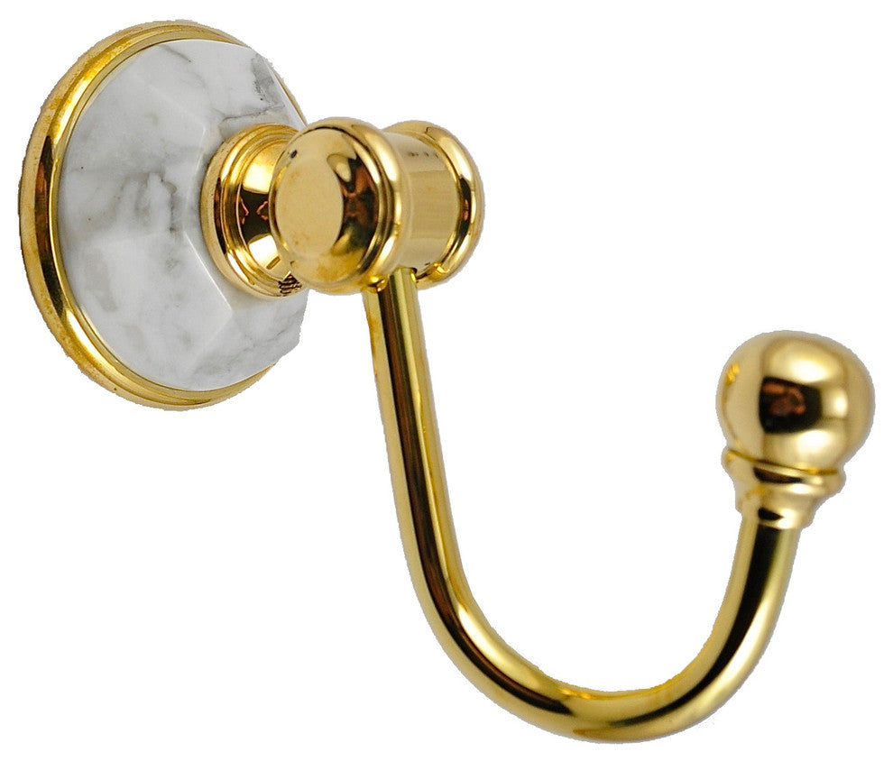 Robe Hook With Arabescato Marble Accents, Unlacquered Bronze