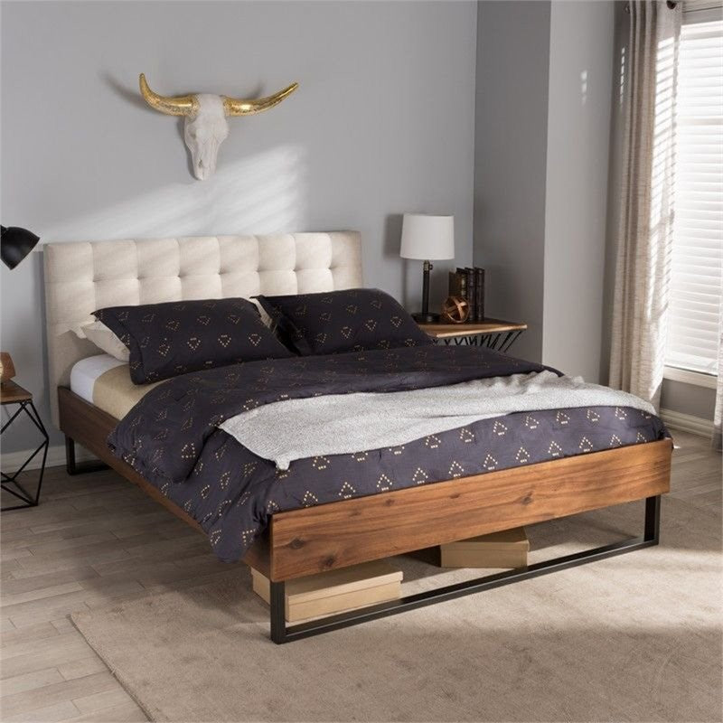 Mitchell Walnut Wood Beige Fabric Dark Bronze Metal King Platform Bed