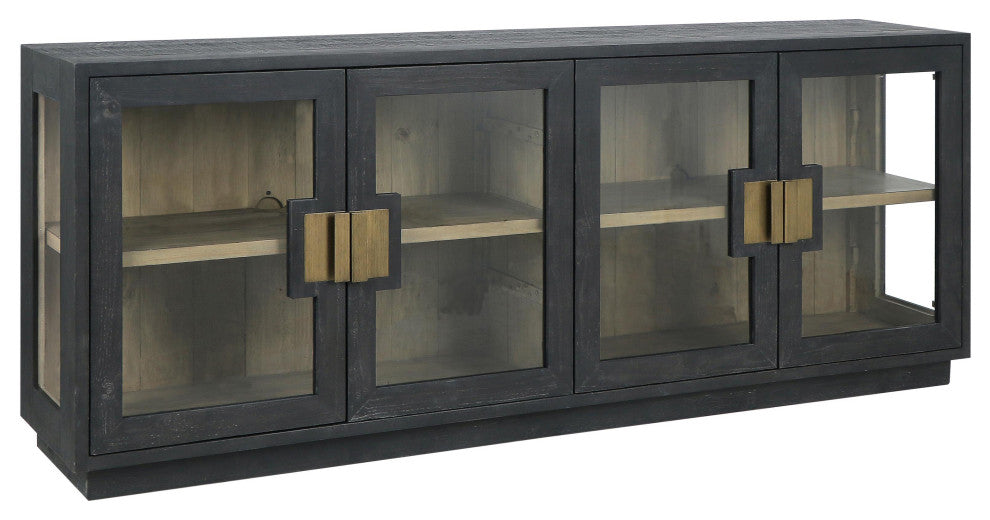 Larson 90" Glass Reclaimed Pine Wood Sideboard, Black