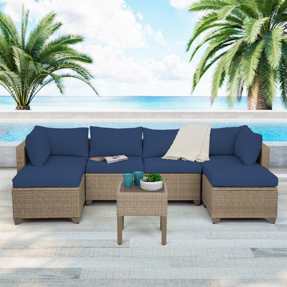 Maui 7-Piece Outdoor Conversation Set, End Table, Natural Aged Wicker, Cobalt
