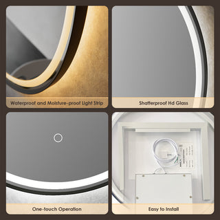 Palme Round Framed Bathroom/Vanity LED Lighted Wall Mirror, Matte Black, 24"