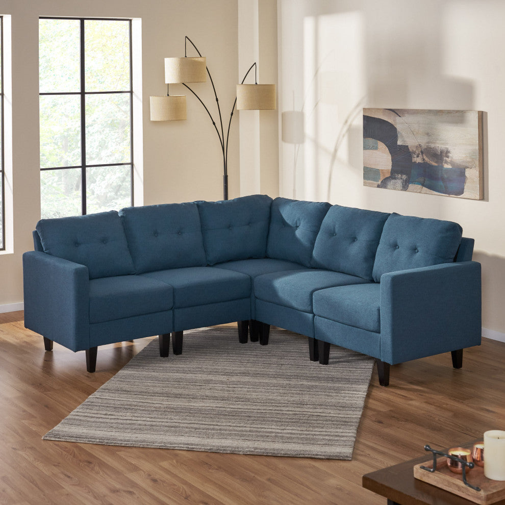 GDF Studio 5-Piece Niya Mid Century Modern Fabric Sectional Sofa, Navy Blue