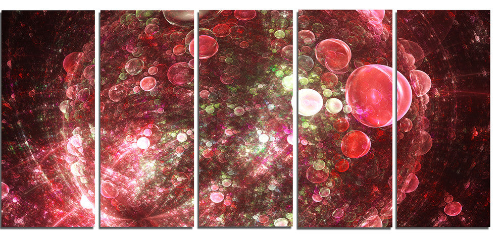 Red Spherical Planet Bubbles, Abstract Canvas Art Print, 60"x28", 5 Panels