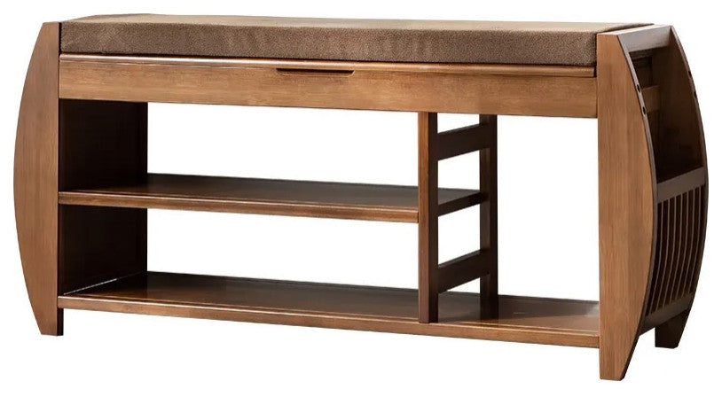 40.2" Rustic Bamboo Upholstered Entryway Flip Top Storage 3-Tier Shoe Bench Rack