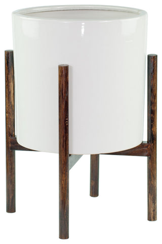Ceramic Planter Large Cylinder Pot 13" White With Plant Stand Set Dark Walnut