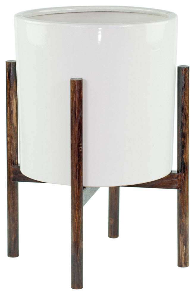Ceramic Planter Large Cylinder Pot 13" White With Plant Stand Set Dark Walnut
