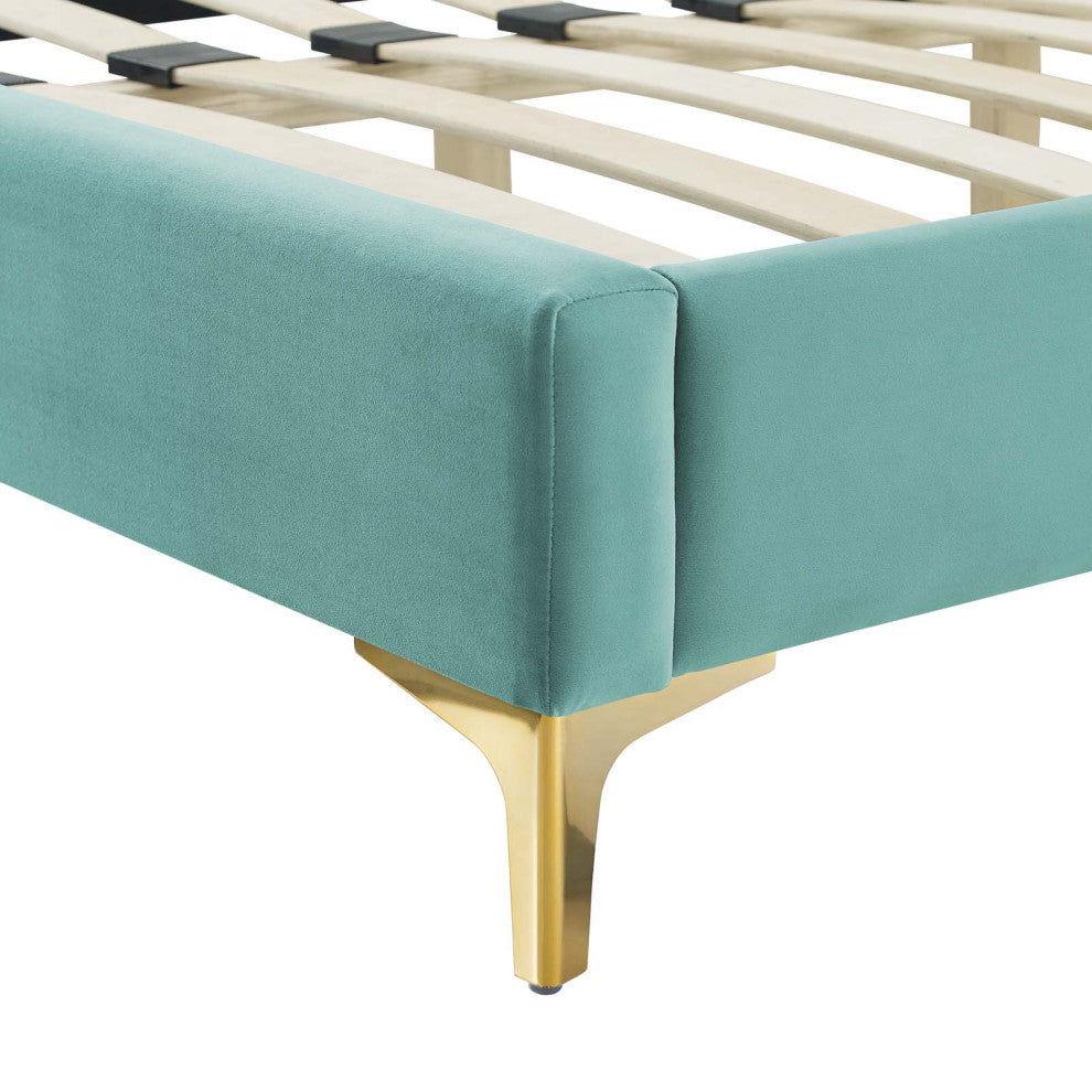 Platform Bed Frame, King Size, Blue, Velvet, Modern, Bedroom Master Guest Suite