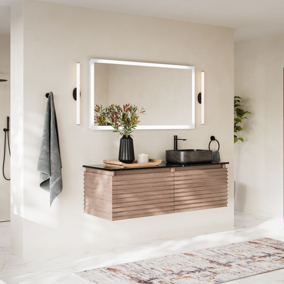 The Accordion Bathroom Vanity, Chestnut Oak, 60", Right Single Sink, Wall Mounted