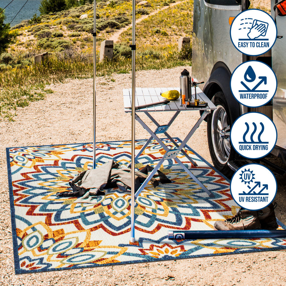 Flora Abstract Bold Mandala High-Low Indoor/Outdoor Area Rug, Red/Blue/Yellow