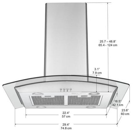 30" Island Glass Range Hood, Stainless Steel