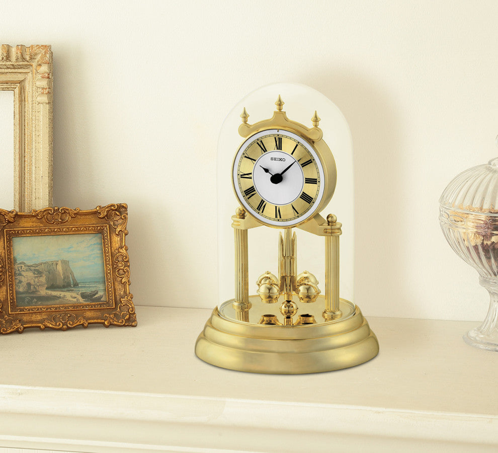 Seiko Clocks, 9" Anniversary Clock With Glass Dome and Rotating Pendulum