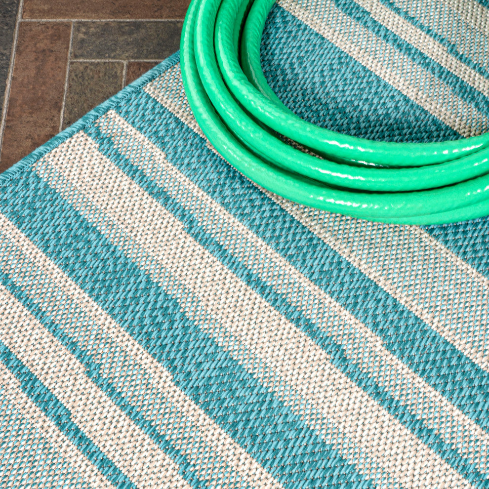 Castara Wavy Stripe Modern Indoor/Outdoor Area Rug, Aqua/Cream, 4x6