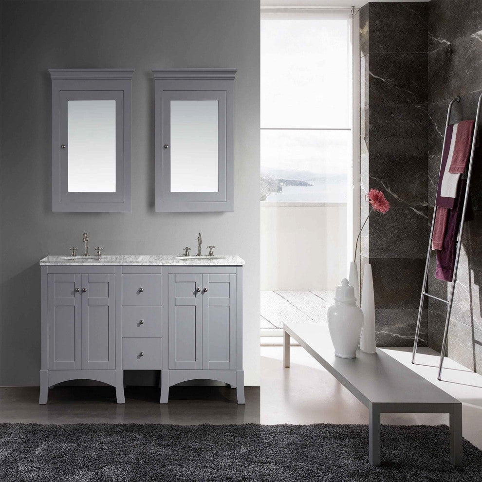 Eviva New York 60" Gray Bathroom Vanity, With White Marble Carrera Top and Sink