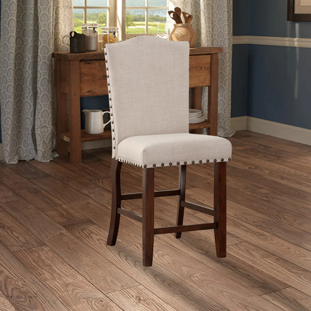 Benzara BM166612 Rubber Wood Studded Trim High Chair ,Cherry Brown, Set of 2