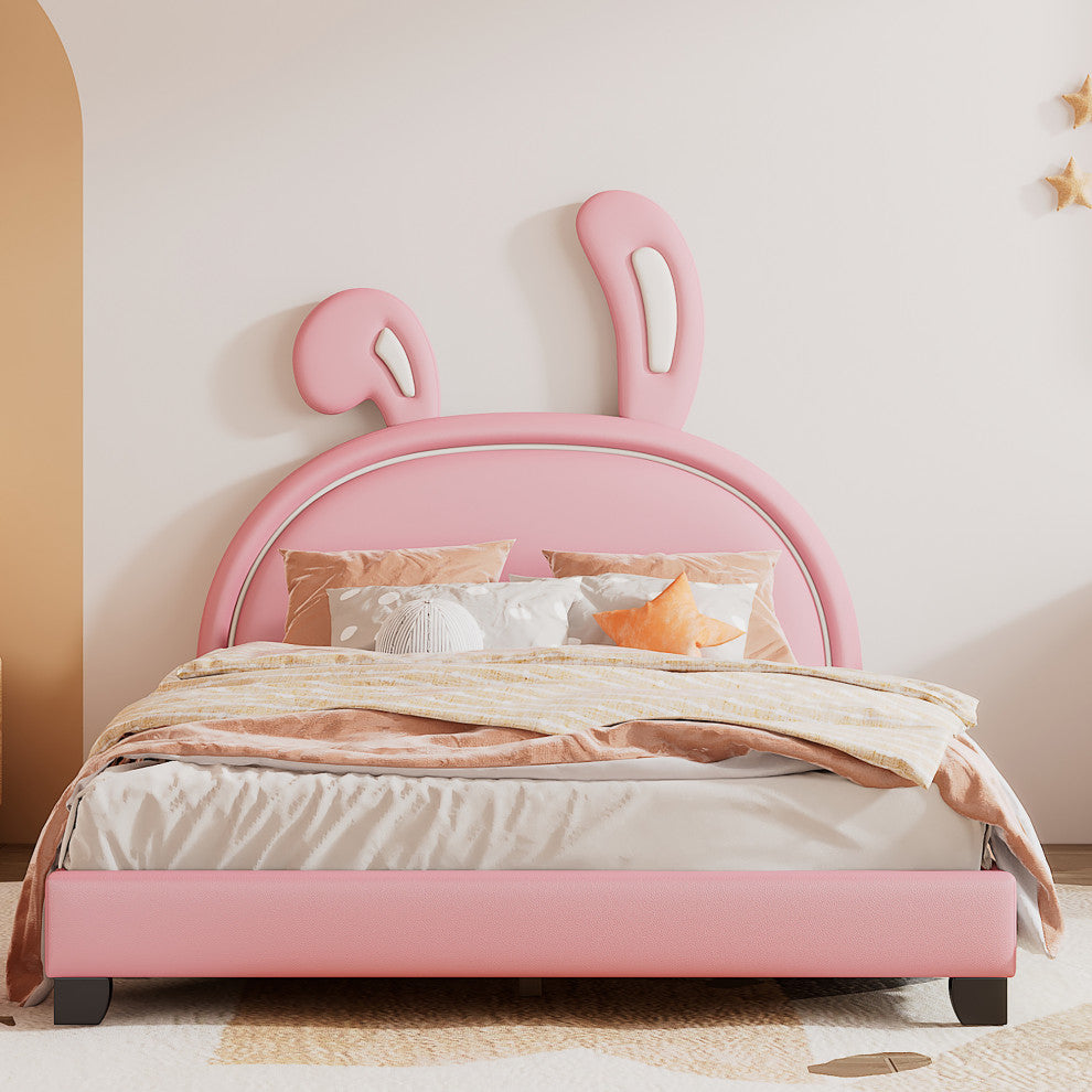 Gewnee Full Size Upholstered Leather Platform Bed with Rabbit Ornament