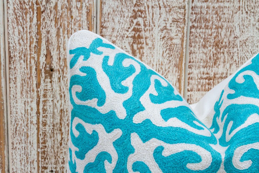 Turquoise & White Moroccan Wool Embroidered Throw Pillow Cover