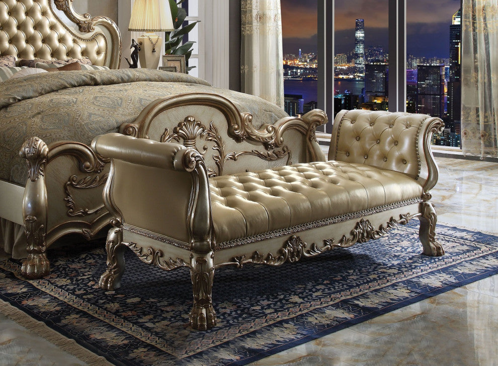 Leatherette Bench with Arms, Bone and Gold Patina