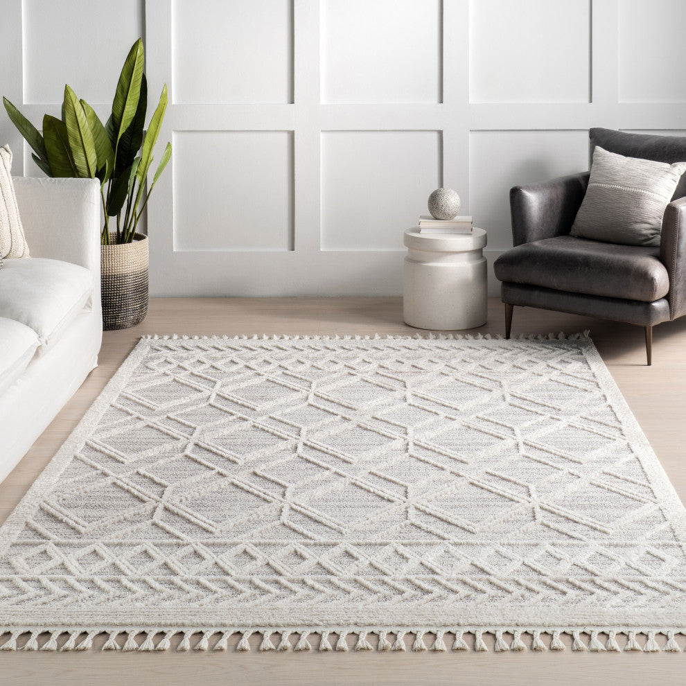 Nuloom Ansley Shag Lattice Tassel Geometric Area Rug, Light Grey 9''x12''