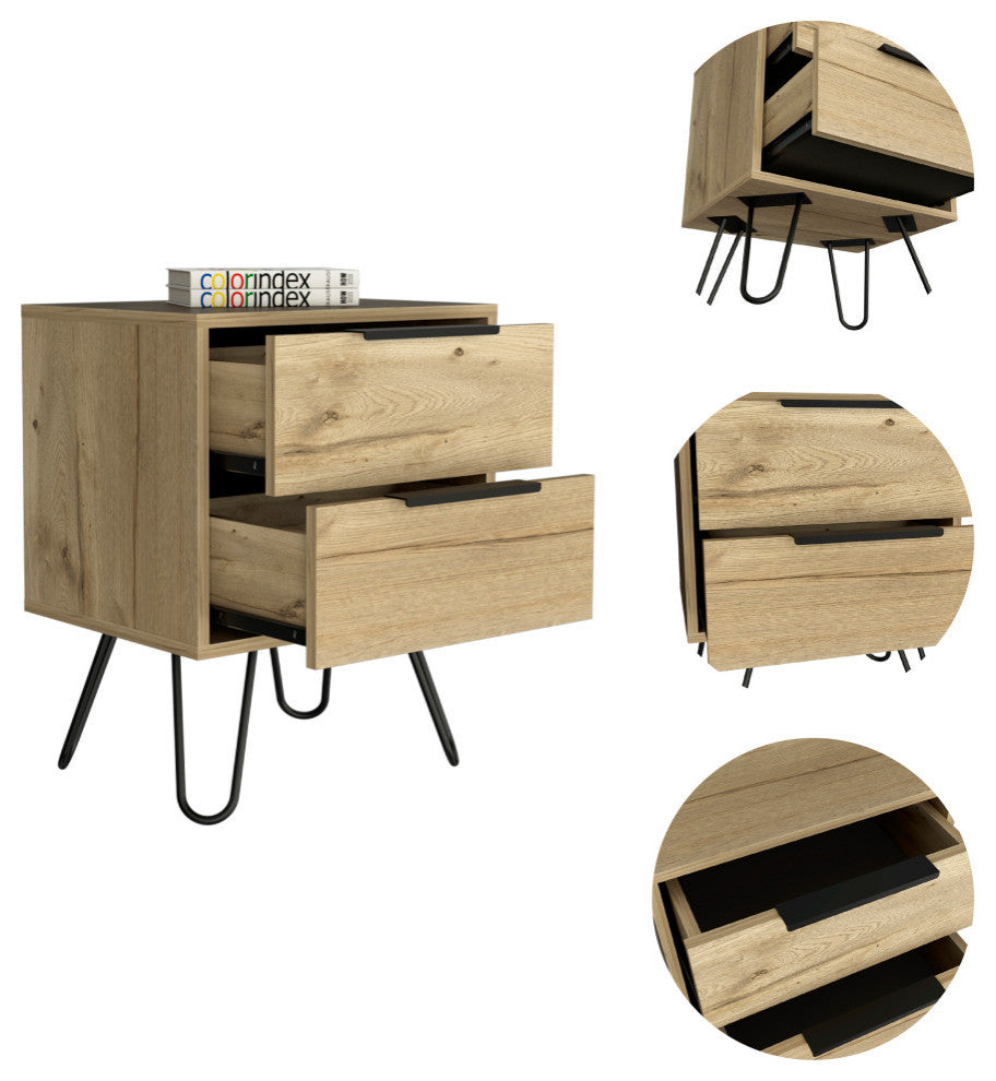 Nuvo 22-inch Tall Nightstand, 2 Drawers, and Hairpin Legs, Light Oak