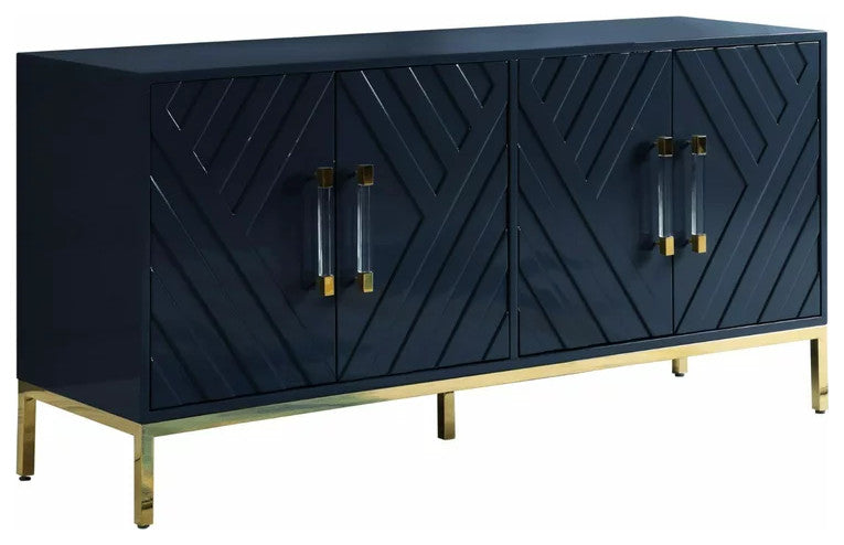 Contemporary Sideboard, Golden Base & Geometric Accented Doors, Navy
