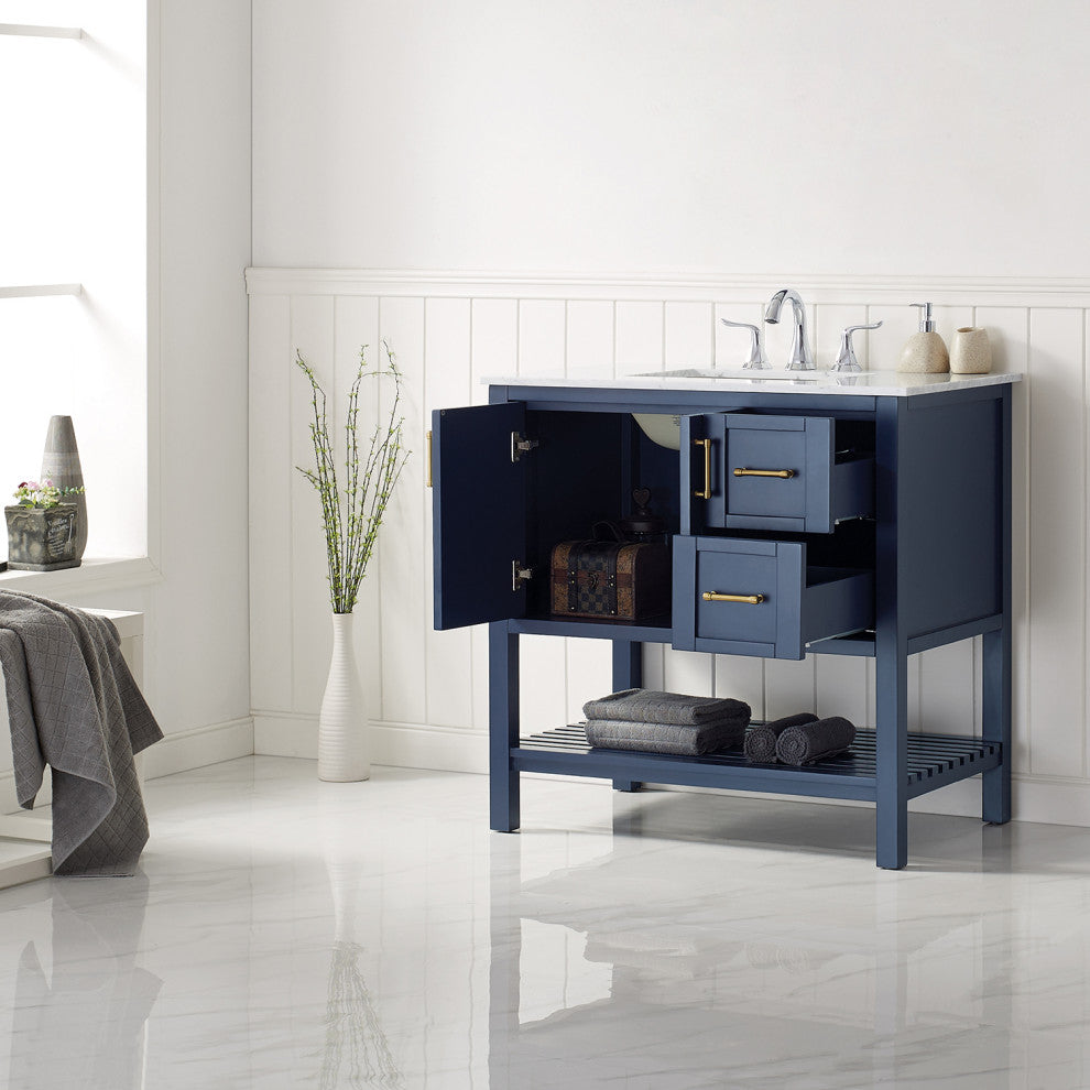 36" Vanity in Royal Blue with Carrara White Marble Countertop Without Mirror