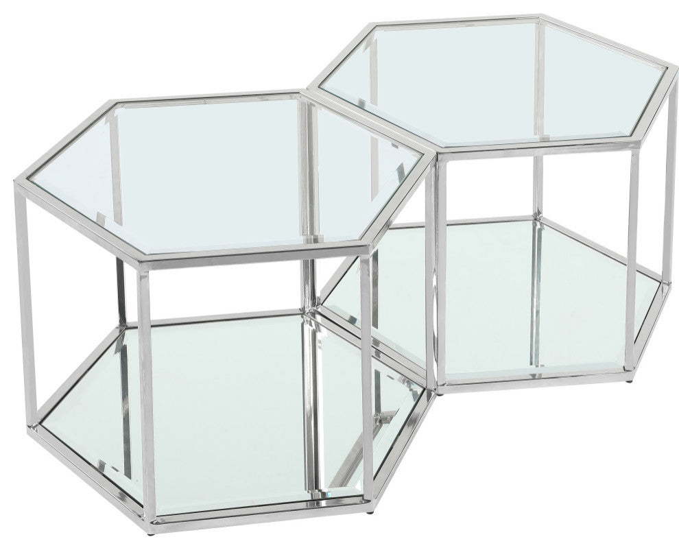 Sei Glass Top Coffee Table With Mirrored Base, Chrome, 2-Piece