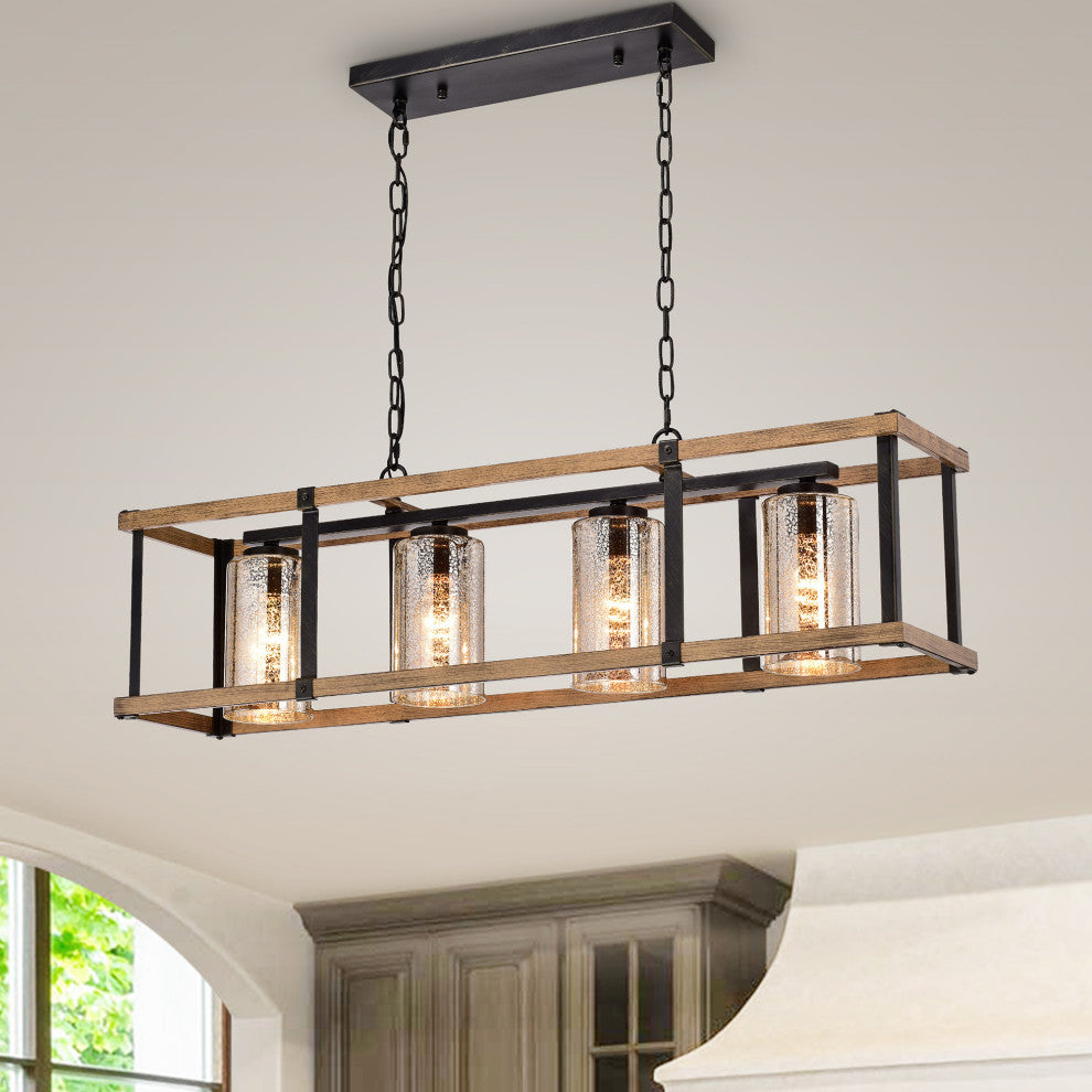 Olive Glass Linear Chandelier Faux Wood Grain and Antique Black
