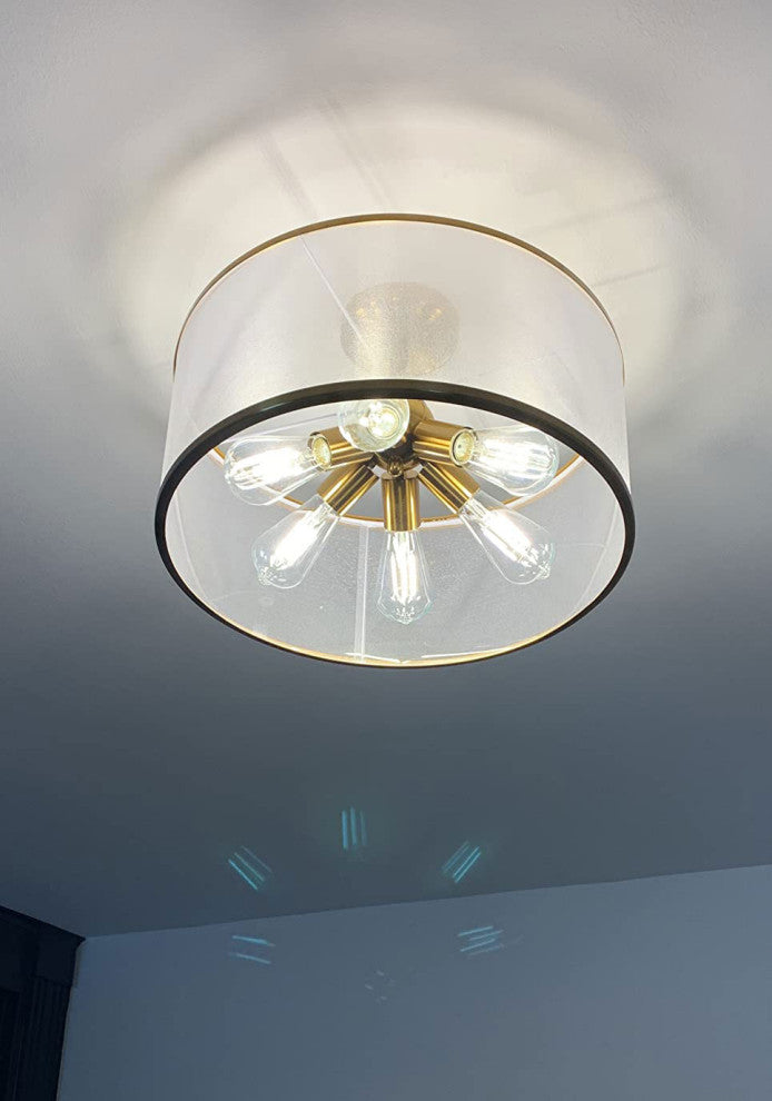 Modern Drum Organza Semi Flush Ceiling Light Gold 6-Light Chandelier