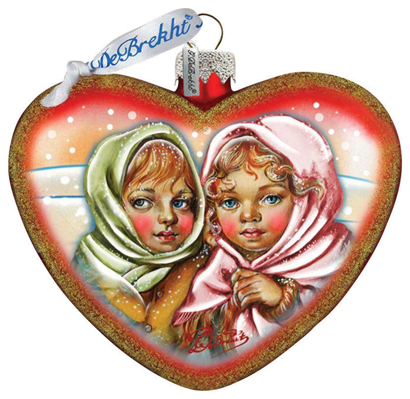 Hand Painted Remembering Friends Heart Glass Scenic Ornament