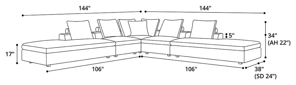 Lucerne Modular Chaise, Ashen Fabric, Ashen Fabric, Set07-5pc