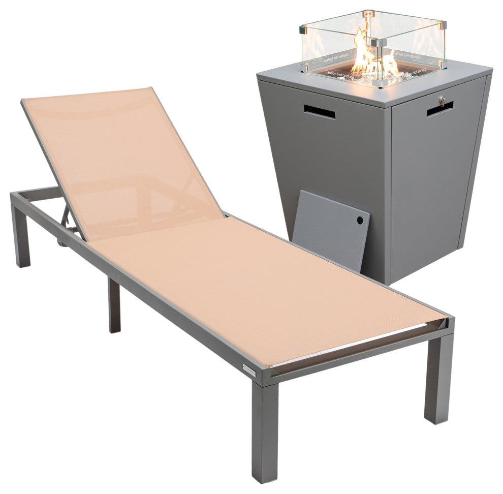 LeisureMod Marlin Gray Patio Chaise Lounge Chair with Fire Pit Table, Light Brown
