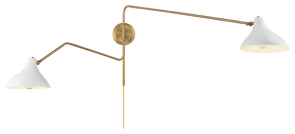 2-Light Wall Sconce, Matte Black With Natural Brass, White With Natural Brass