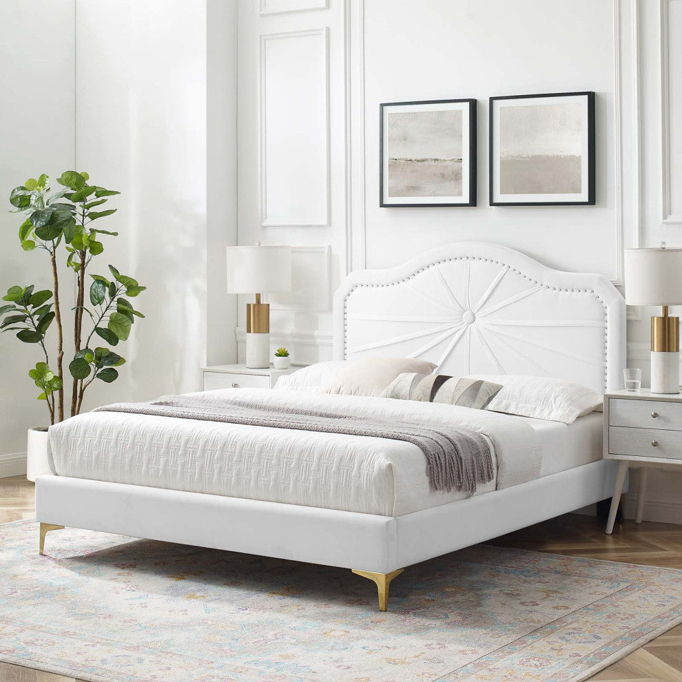 Platform Bed Frame, Full Size, Velvet, White, Modern Contemporary, Bedroom