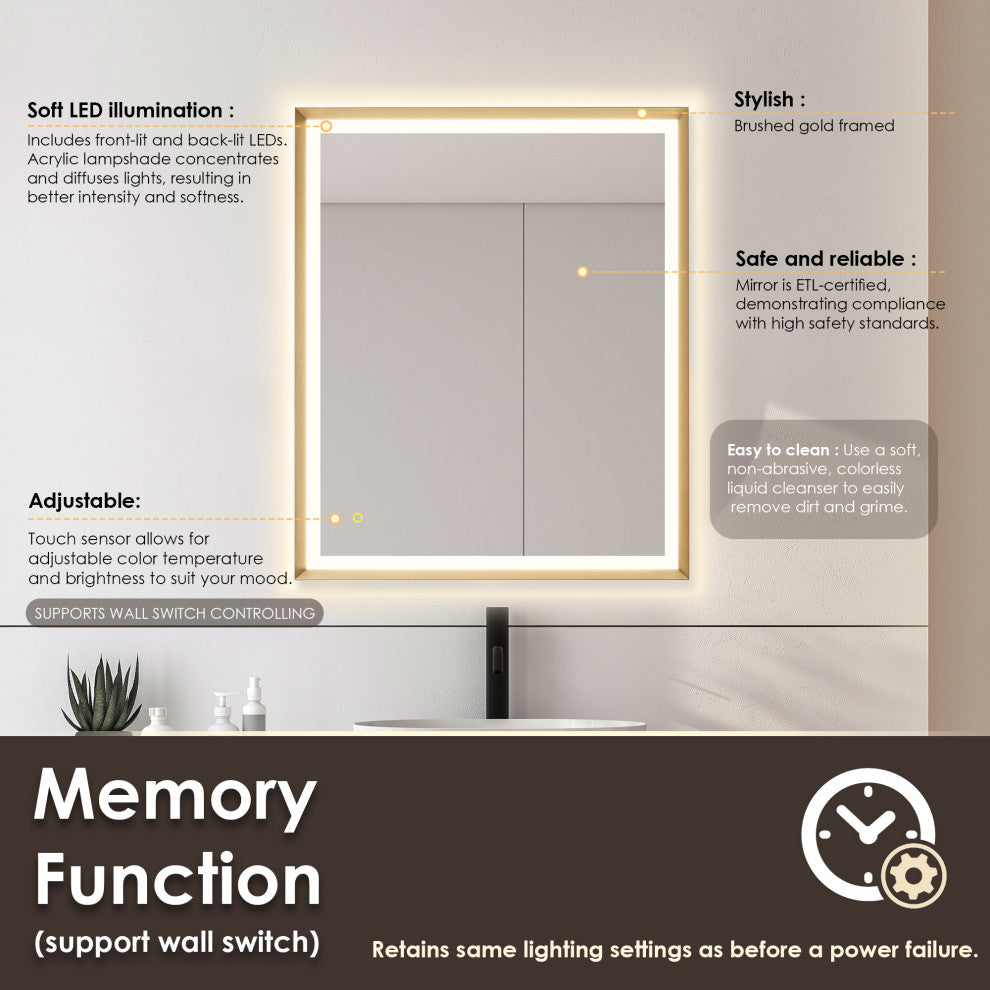 Apollo Anti-Fog Dimmable Vanity, LED Lighted Wall Mirror, Brushed Gold, 36"