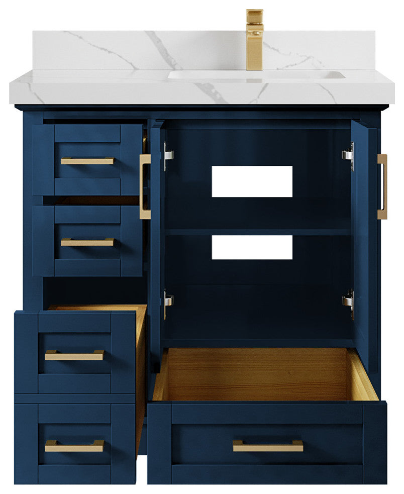 Boston 36 Right Offset Bath Vanity in Navy Blue 2" Calacatta Laza