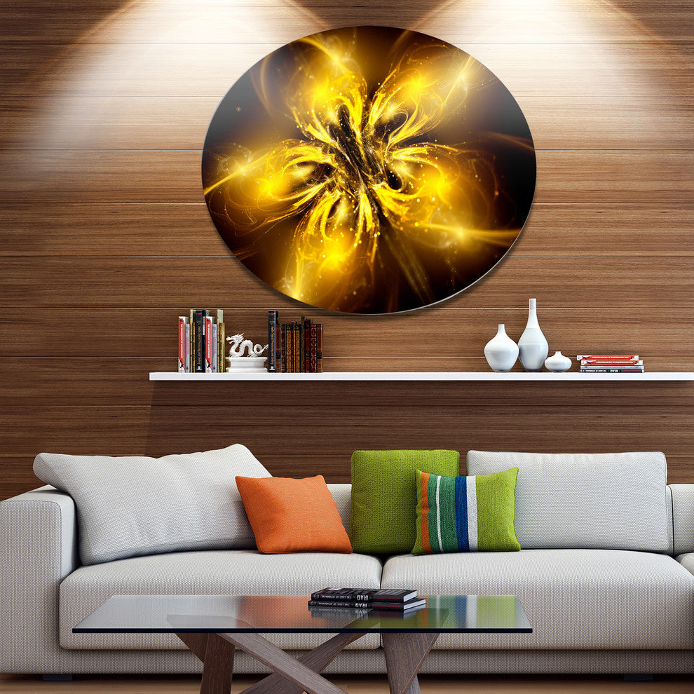 Shiny Gold Fractal Flower On Black, Floral Round Wall Art, 23"