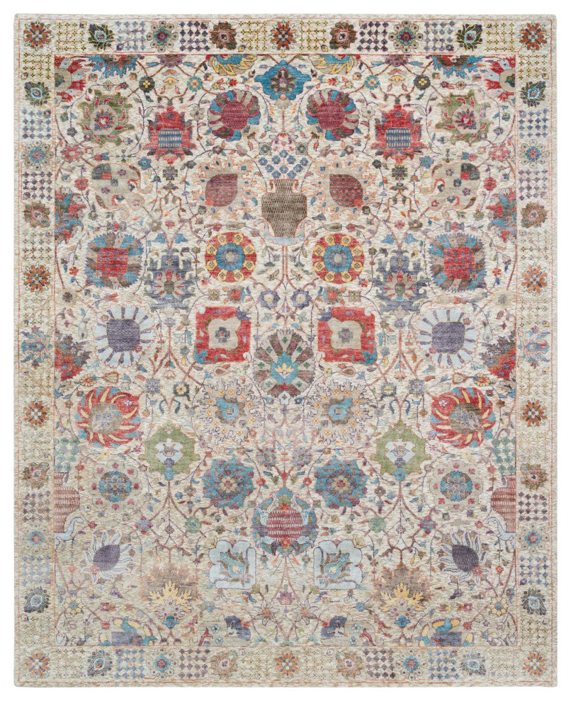 Ivory Hand Knotted Tabriz Vase With Flower Design Silk With Wool Rug 8'3"x10'3"