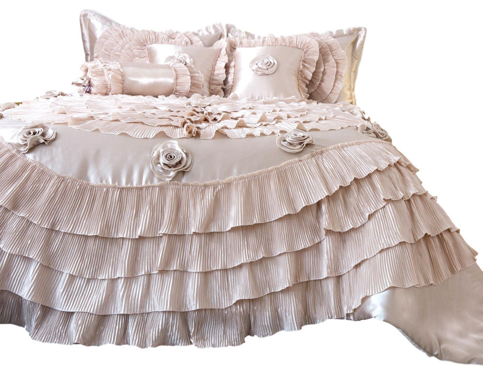 Frosted Fields Faux Satin Luxury Ruffle Comforter Set, California King, Cal King