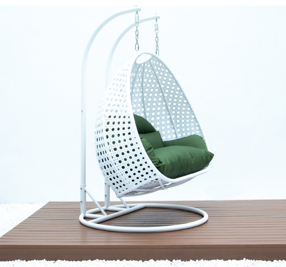 2 Person White Wicker Double Hanging Egg Swing Chair, Dark Green