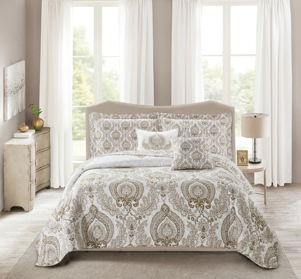 Heart Damask 5 Piece Quilt Bedspread Sets, Antique White, King, 102"x90"