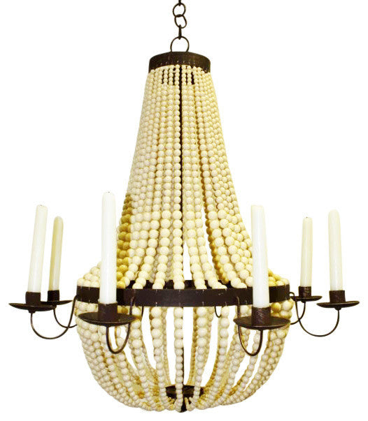 Romantic Iron Cream Beaded Candle Chandelier, Victorian 6-Light Baroque