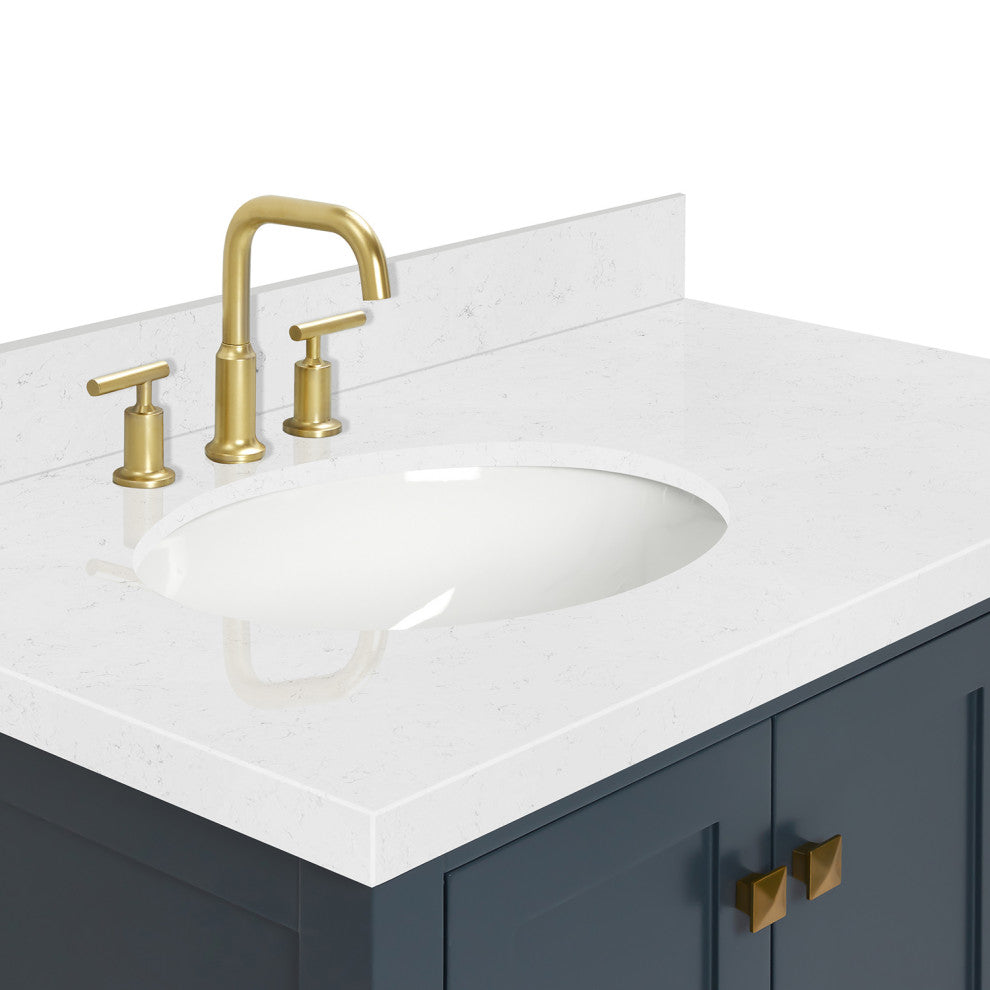 Ariel Cambridge 36" Left Offset Single Oval Sink Vanity, Carrara Quartz, Midnight Blue