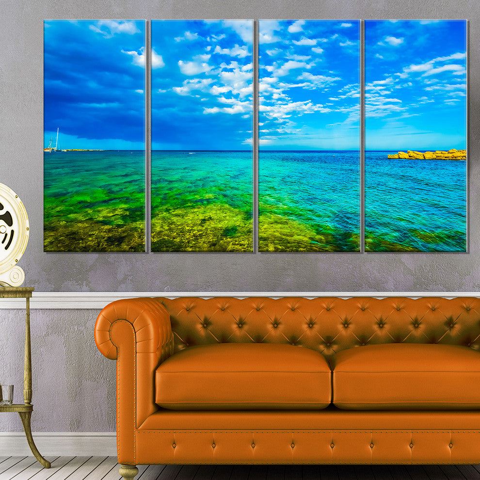 "Picturesque Green Blue Seashore" Modern Seascape Wall Art, 4 Panels, 48"x28"