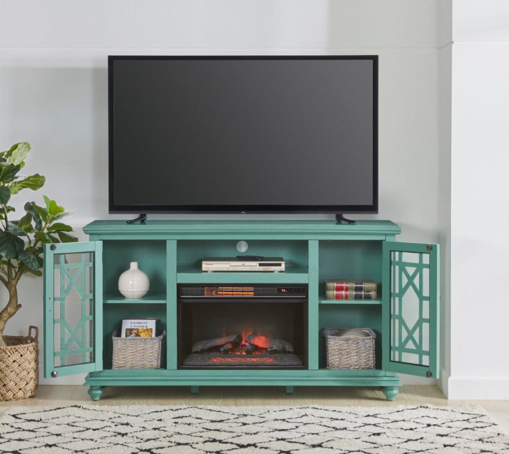 Elegant 2 Door TV Stand, Antique Teal