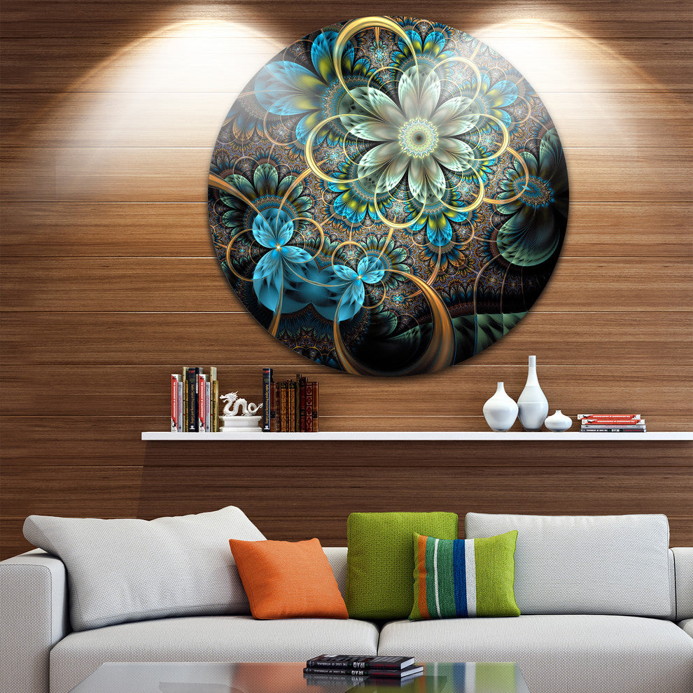 Lighted Blue Fractal Blue Flowers, Floral Disc Metal Artwork, 36"