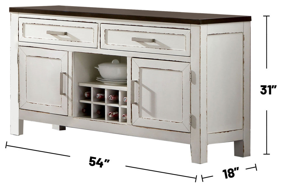 2 Drawers and 2 Doors Wood Server in Weathered White and Dark Walnut
