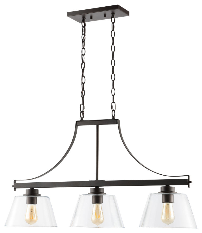 Jayden 36" 3-Light Industrial Farmhouse Iron/Glass Linear Pendant Bronze/Clear